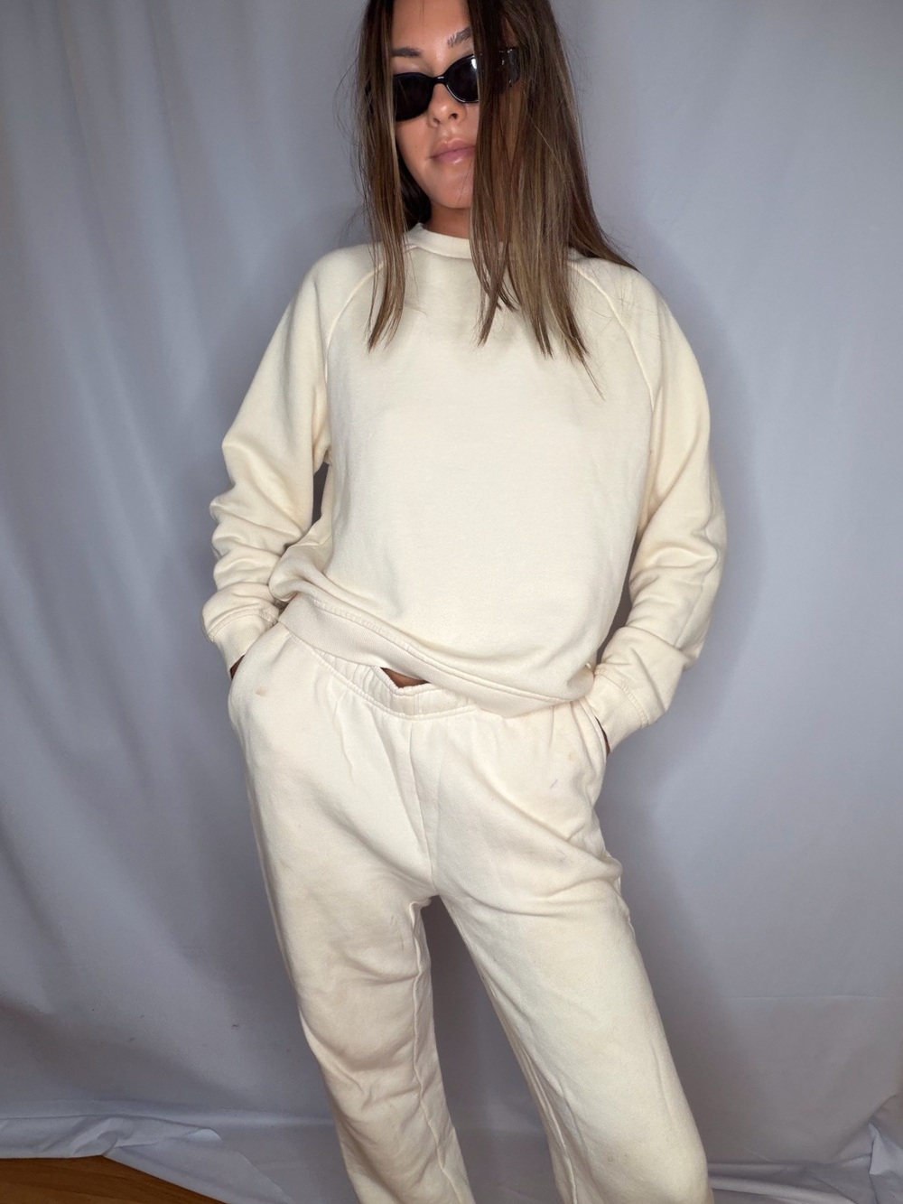 As is Wesley Classic Crewneck Sweatshirt Set in Cream as is pants